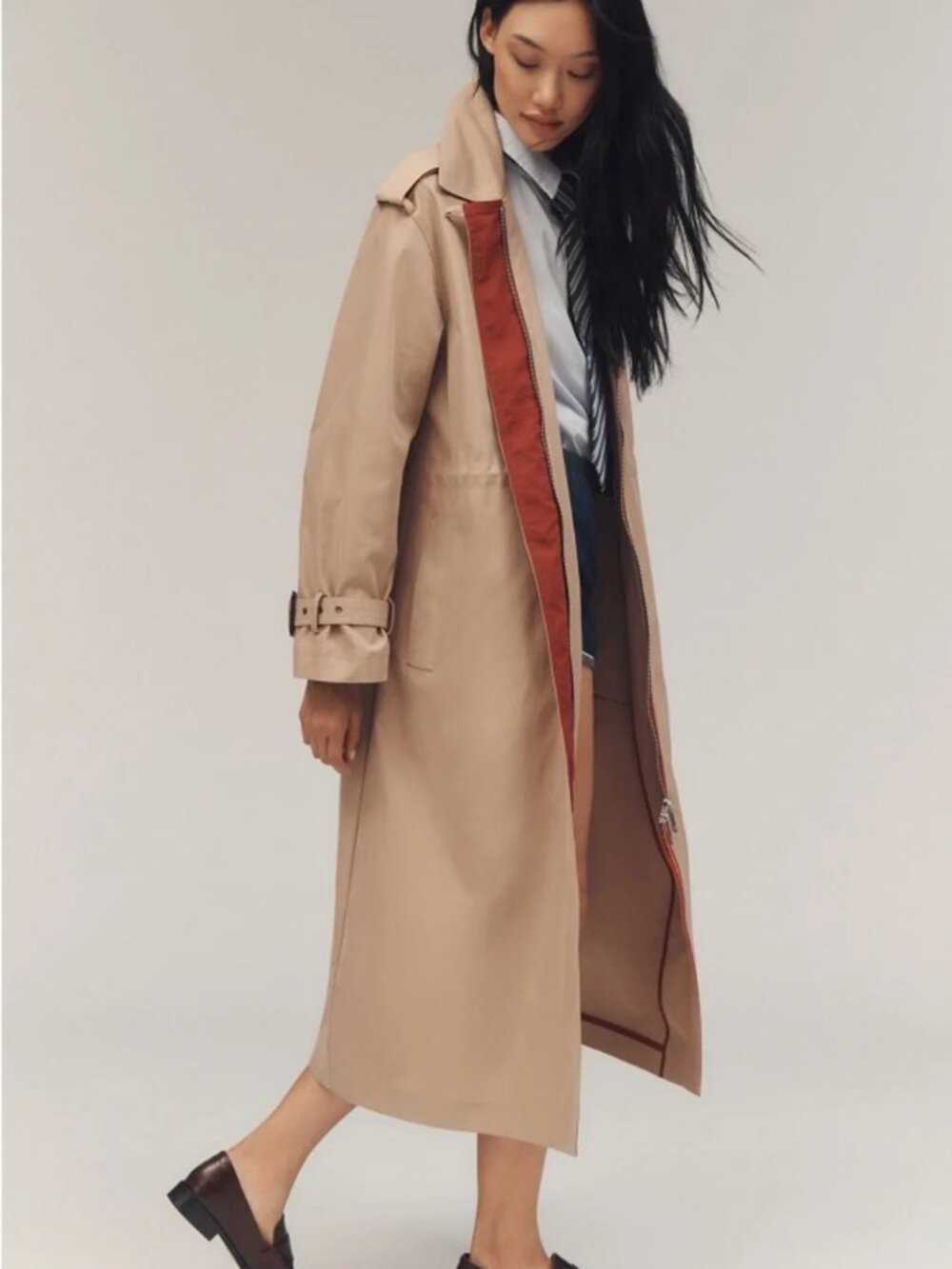 Anthropologie Maeve NWT Khaki Cinched-Waist Full-Zip Long Trench Coat - Size L
